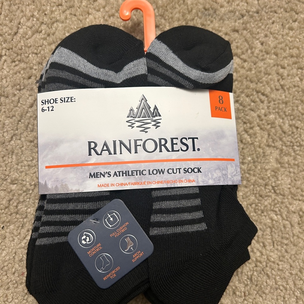 NWT Rainforest Men's Athletic Low Cut Socks - 8 Pack